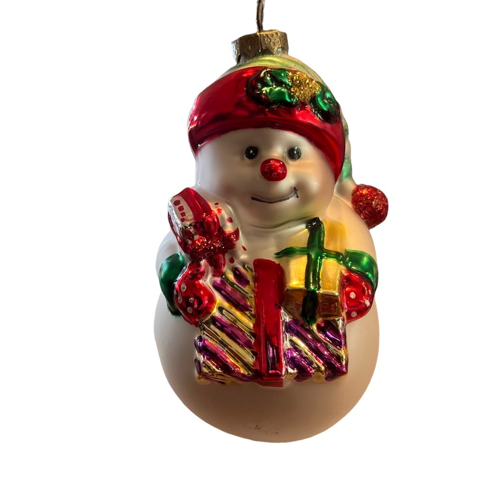 BK Christmas Ornament Snowman with Gifts, Glass Blown, Hand Crafted and Painted